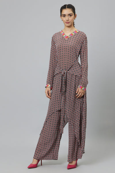 SVA Black Geometric Print Front Tie Up Tunic Set indian designer wear online shopping melange singapore