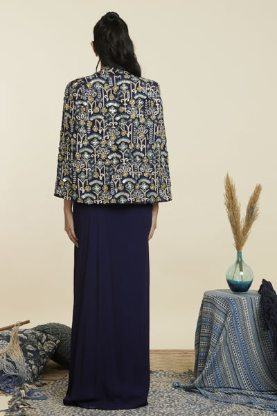 SVA Blue Art Deco Embellished Cape Jacket With Bustier And High Skirt Indian designer wear online shopping melange singapore