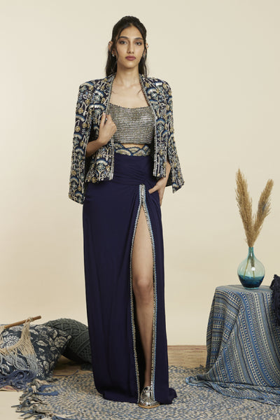 SVA Blue Art Deco Embellished Cape Jacket With Bustier And High Skirt Indian designer wear online shopping melange singapore