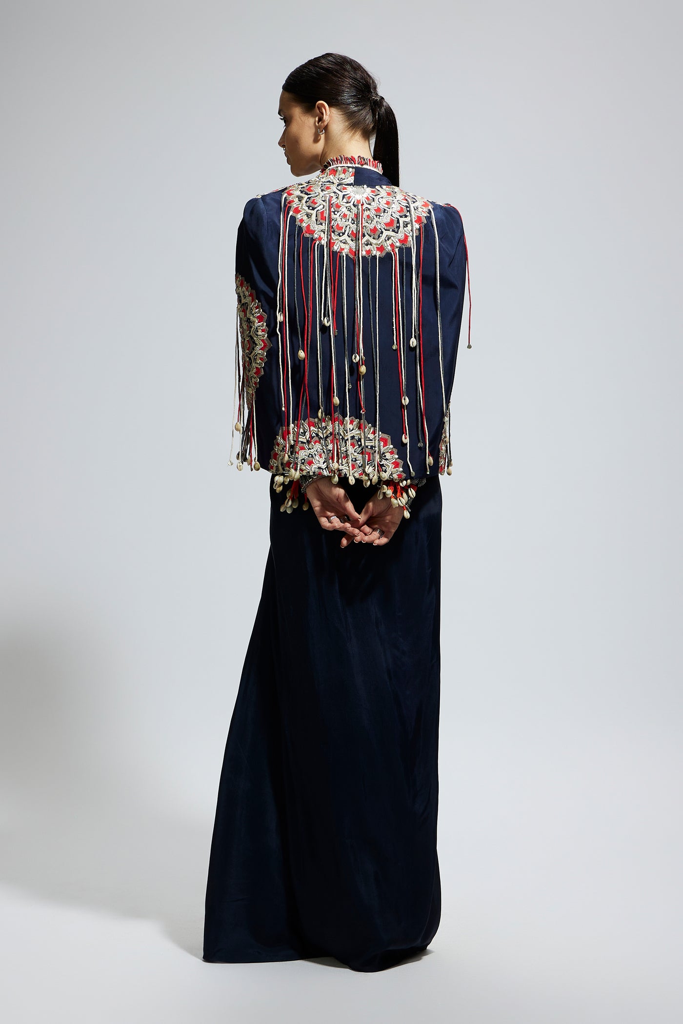 SVA Blue Asymmetric Threadwork Cape Jacket Set indian designer wear online shopping melange singapore