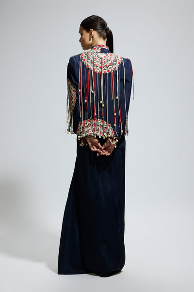 SVA Blue Asymmetric Threadwork Cape Jacket Set indian designer wear online shopping melange singapore