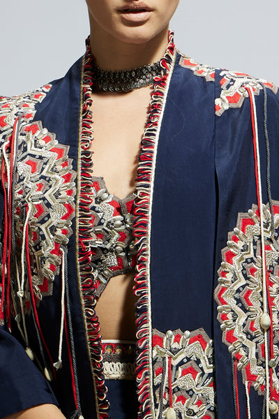 Blue Asymmetric Threadwork Cape Jacket Set