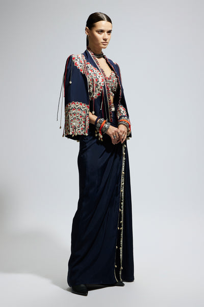 SVA Blue Asymmetric Threadwork Cape Jacket Set indian designer wear online shopping melange singapore