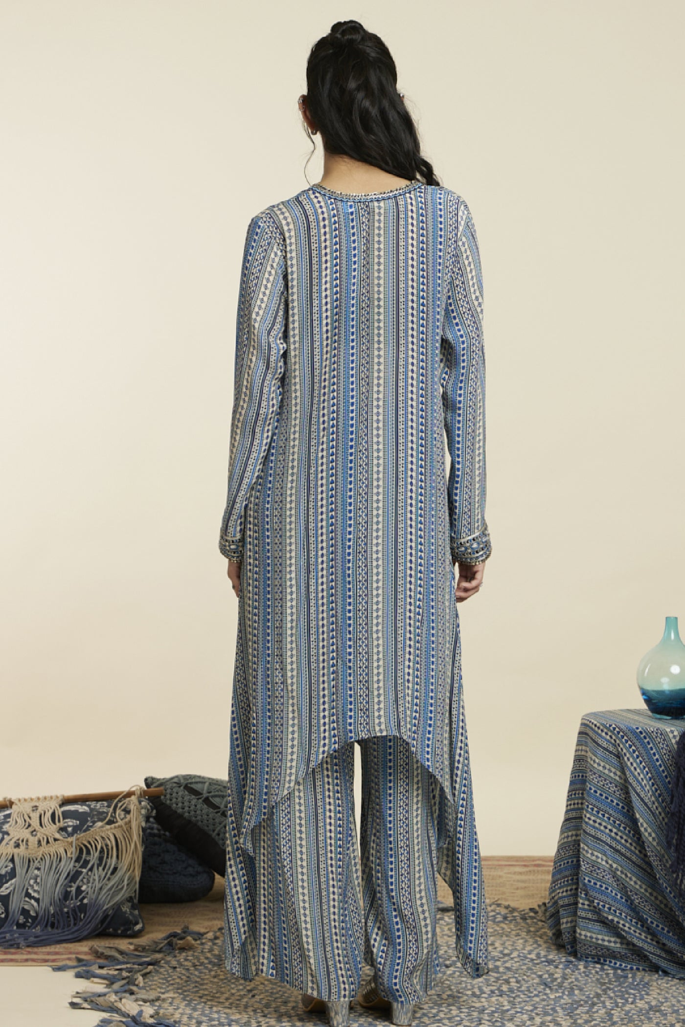 SVA Blue Boho Stripe Front Tie Up Tunic Set Indian designer wear online shopping melange singapore