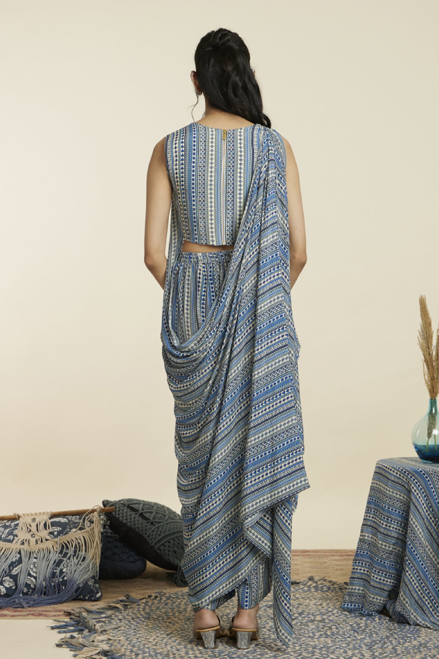 SVA Blue Boho Stripe Print Crop Top With Attached Drape With Pants Indian designer wear online shopping melange singapore