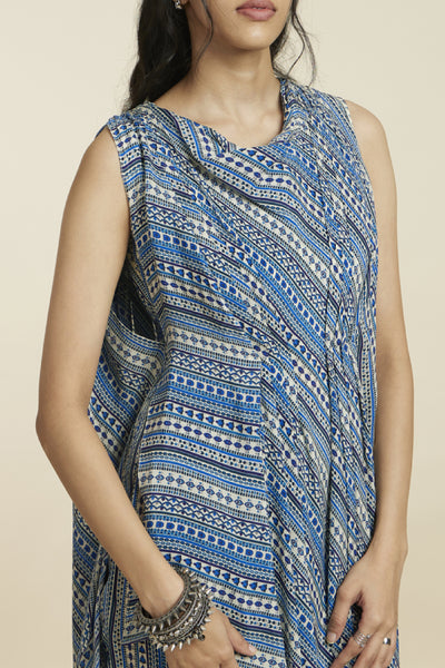 SVA Blue Boho Stripe Print Crop Top With Attached Drape With Pants Indian designer wear online shopping melange singapore