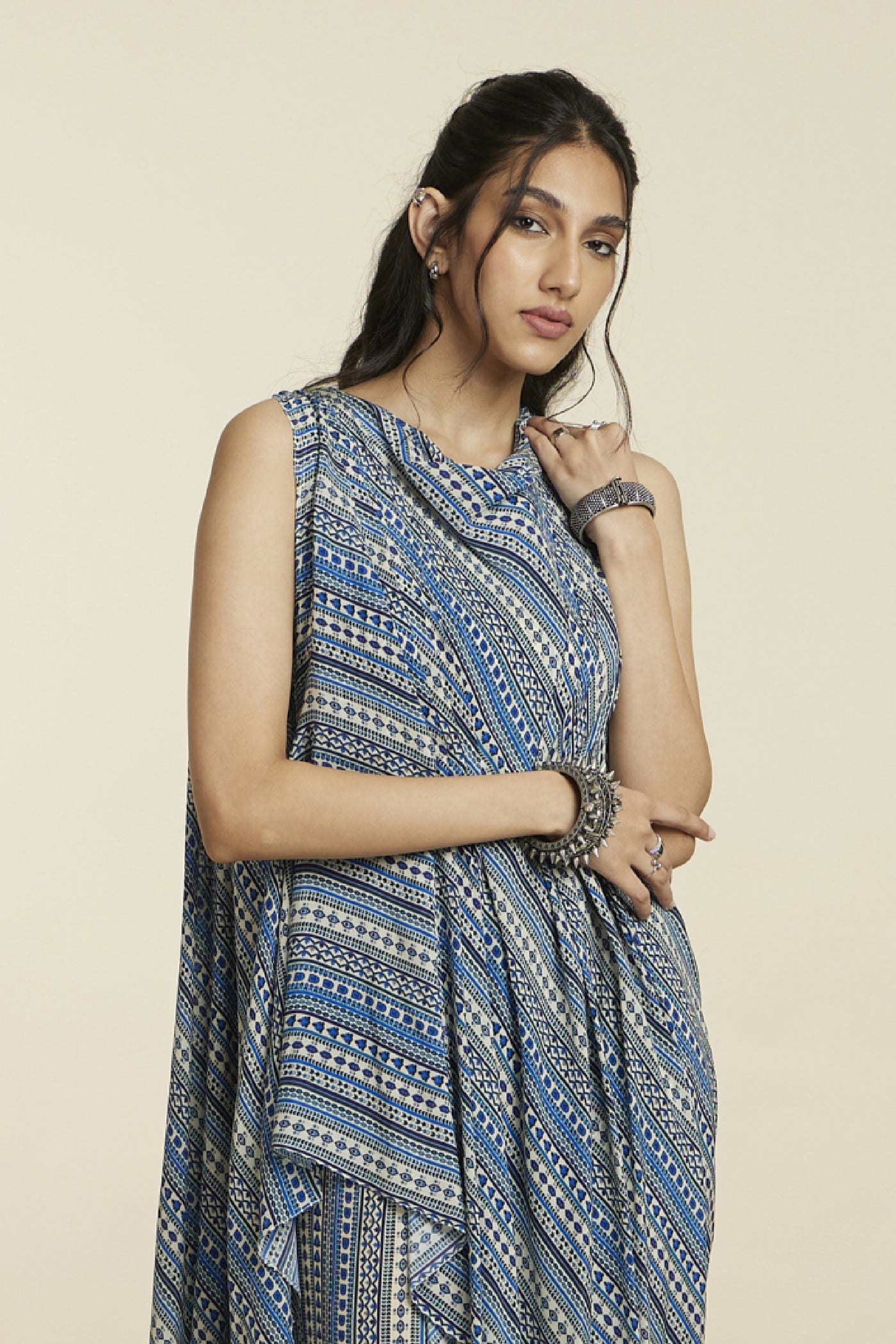 SVA Blue Boho Stripe Print Crop Top With Attached Drape With Pants Indian designer wear online shopping melange singapore