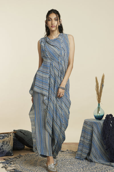 SVA Blue Boho Stripe Print Crop Top With Attached Drape With Pants Indian designer wear online shopping melange singapore