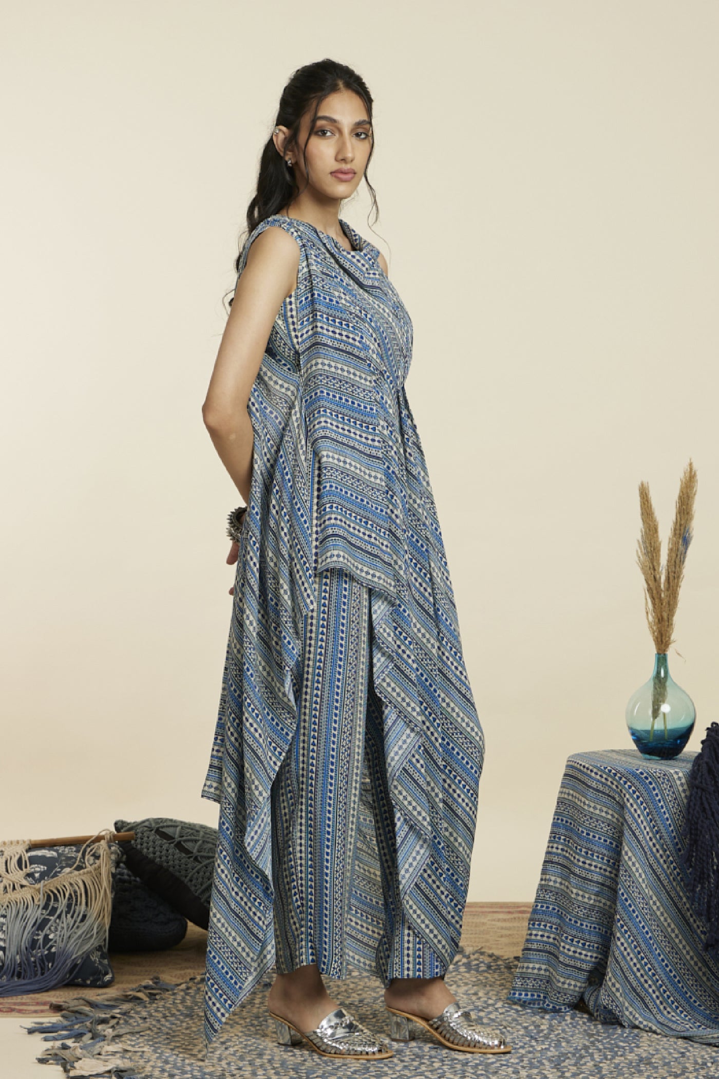 SVA Blue Boho Stripe Print Crop Top With Attached Drape With Pants Indian designer wear online shopping melange singapore