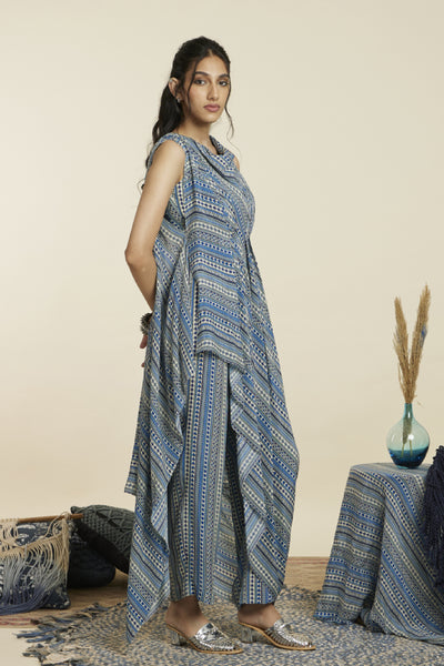 SVA Blue Boho Stripe Print Crop Top With Attached Drape With Pants Indian designer wear online shopping melange singapore