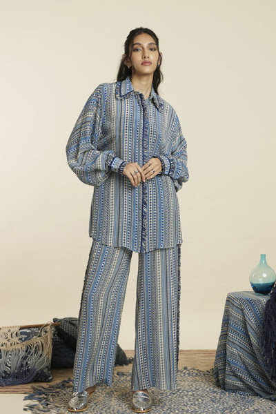 SVA Blue Boho Stripe Print Oversized Coord Set Indian designer wear online shopping melange singapore