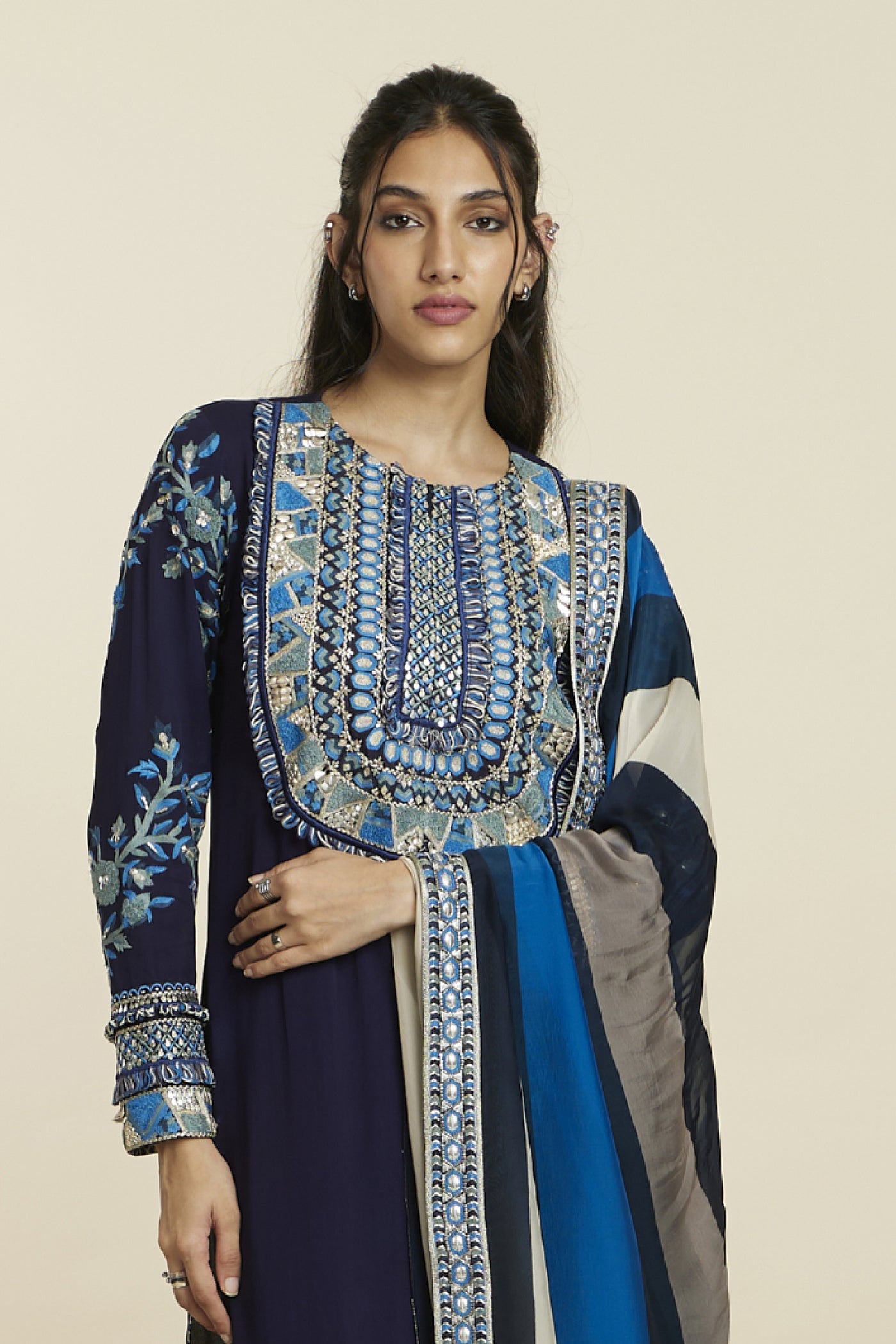 SVA Blue Embellished Yoke Kurta With Pants Indian designer wear online shopping melange singapore