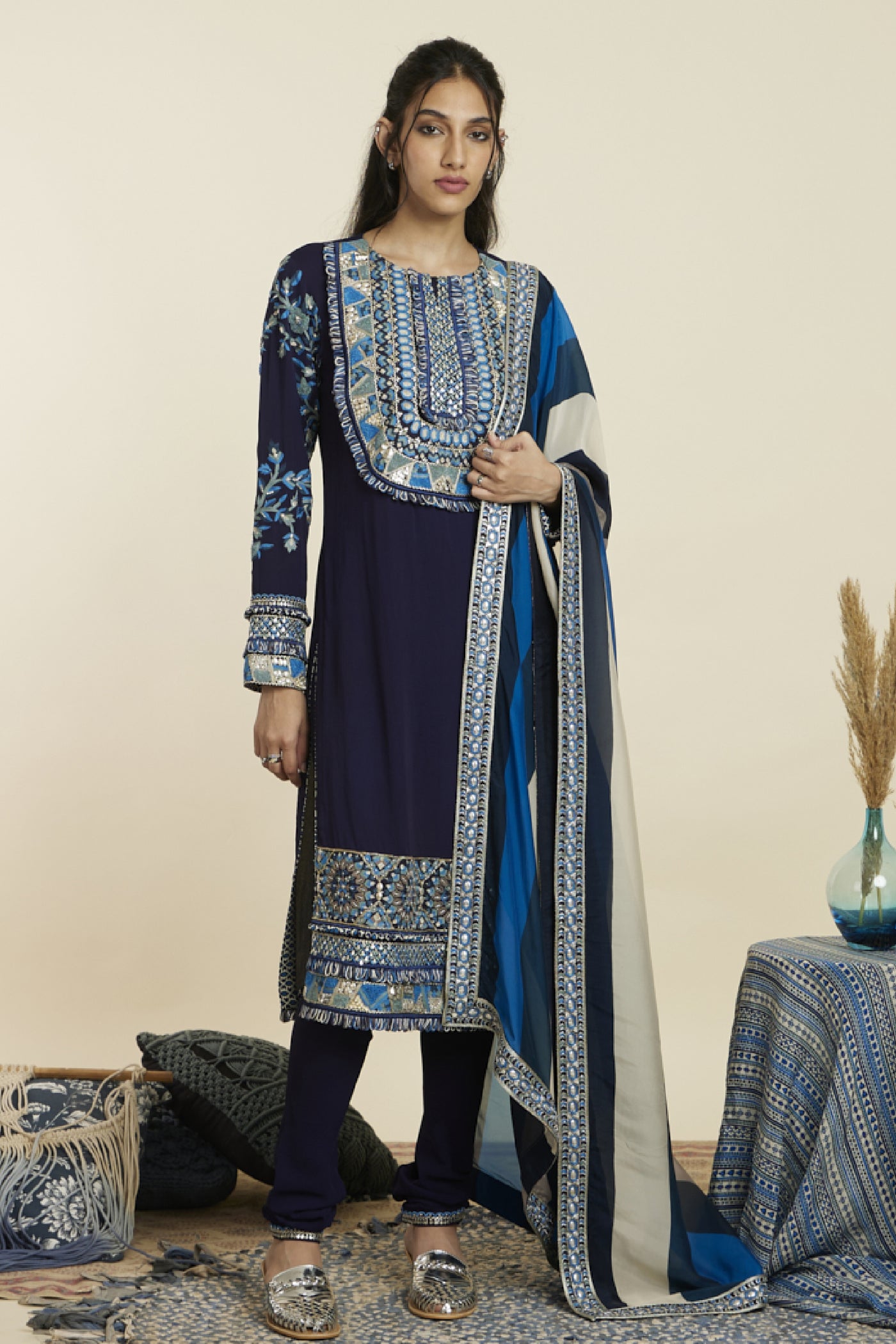 SVA Blue Embellished Yoke Kurta With Pants Indian designer wear online shopping melange singapore