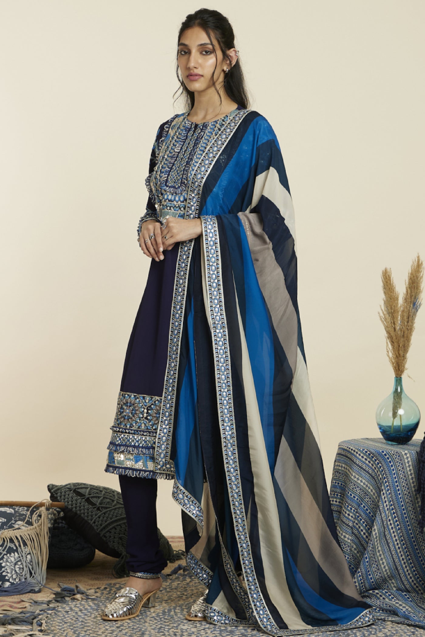 SVA Blue Embellished Yoke Kurta With Pants Indian designer wear online shopping melange singapore