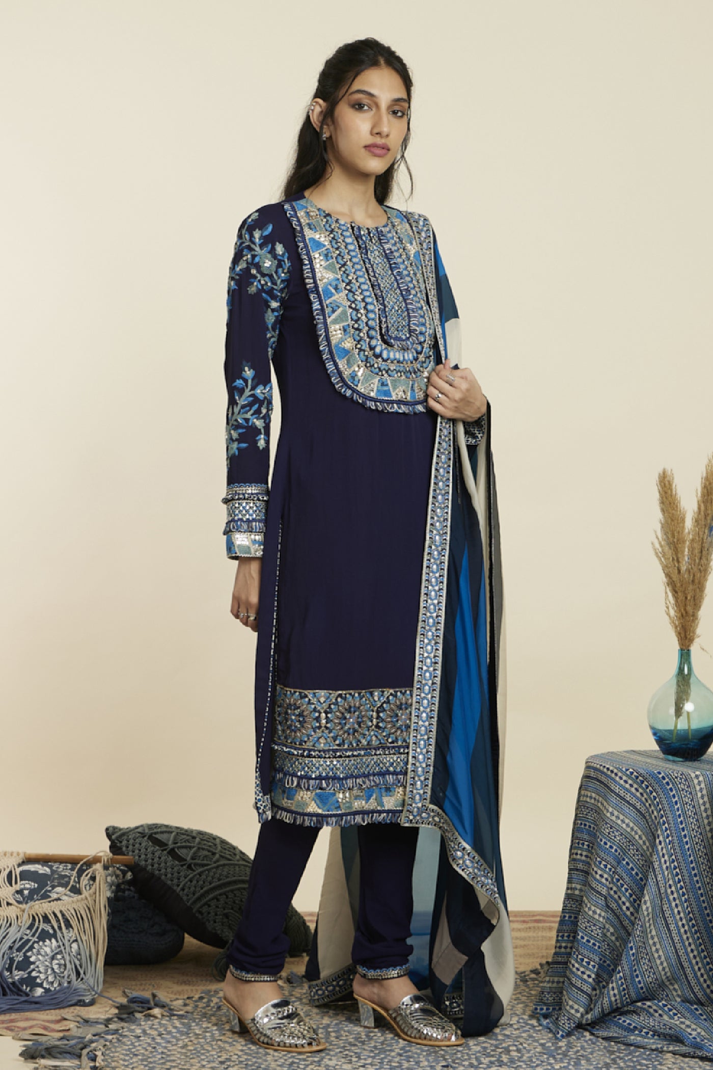 SVA Blue Embellished Yoke Kurta With Pants Indian designer wear online shopping melange singapore