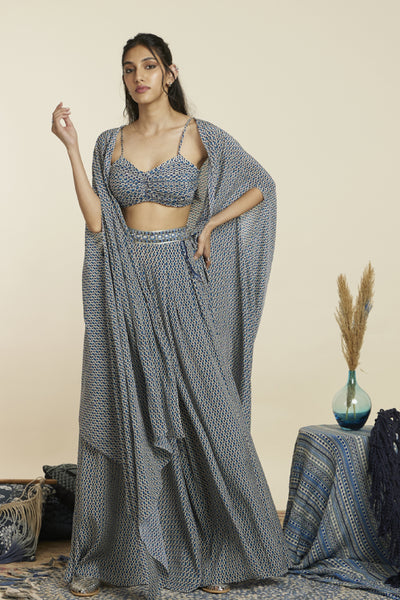 SVA Blue Geo Bikini Bustier Paired With Pleated Pants Indian designer wear online shopping melange singapore