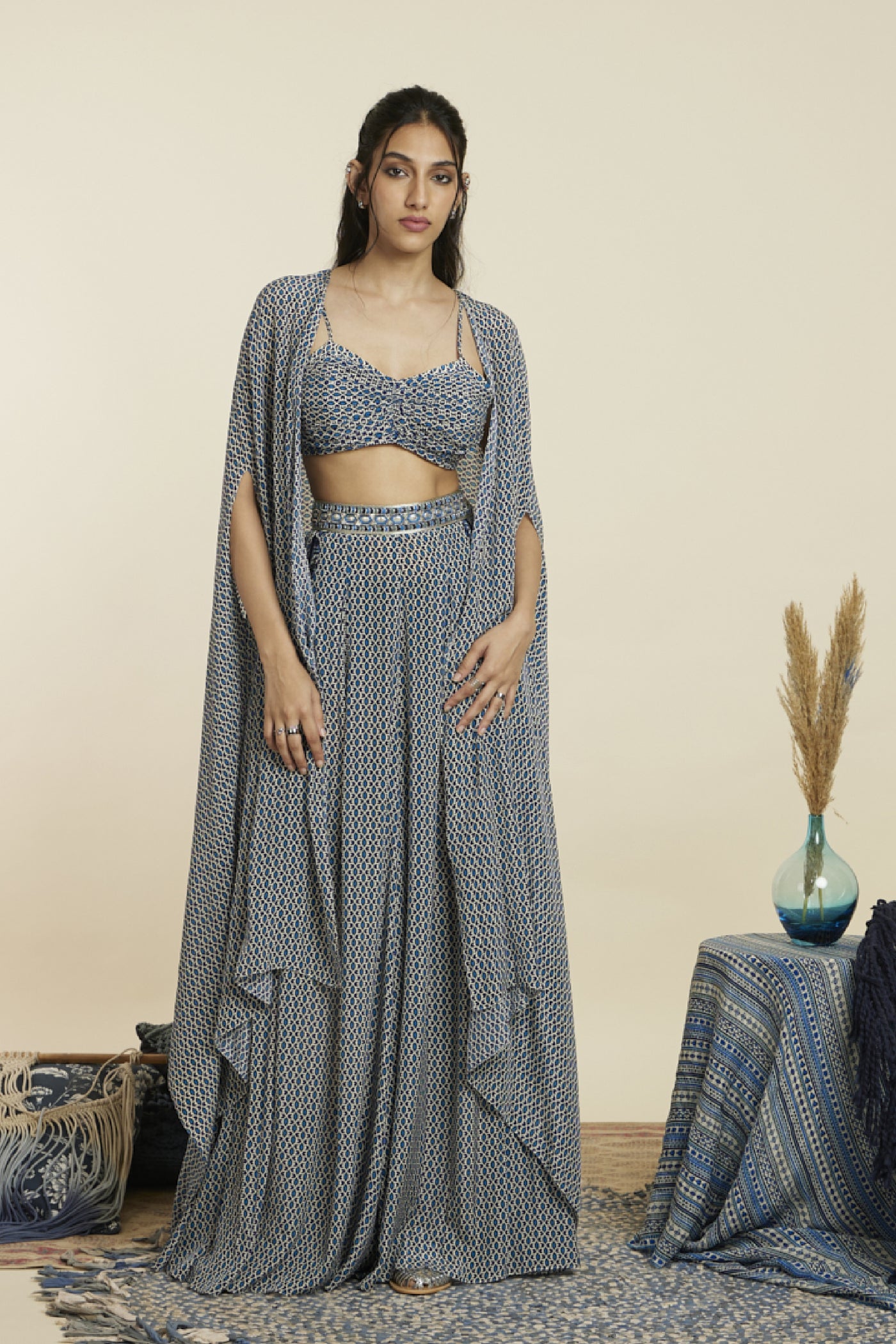 SVA Blue Geo Bikini Bustier Paired With Pleated Pants Indian designer wear online shopping melange singapore