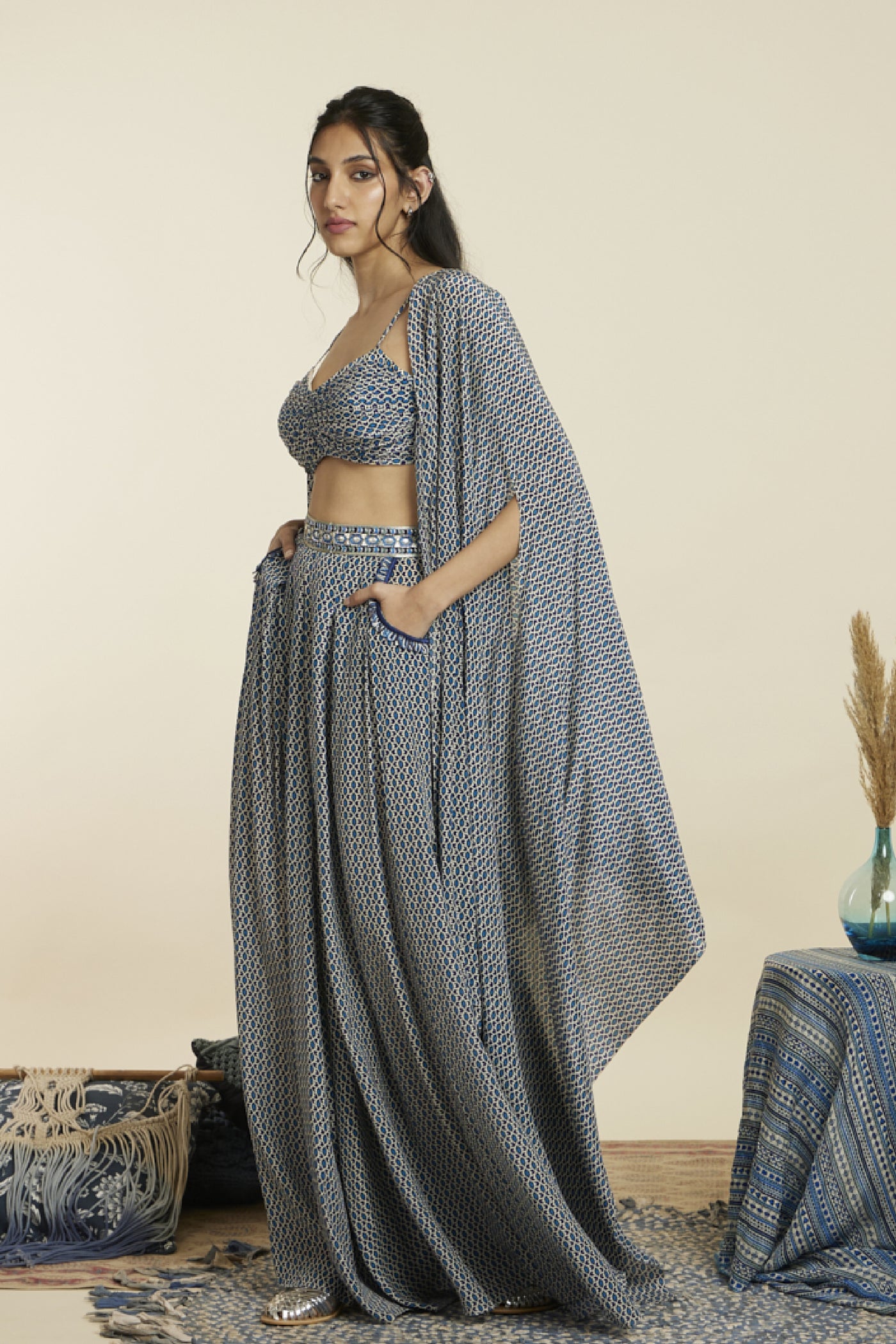 SVA Blue Geo Bikini Bustier Paired With Pleated Pants Indian designer wear online shopping melange singapore