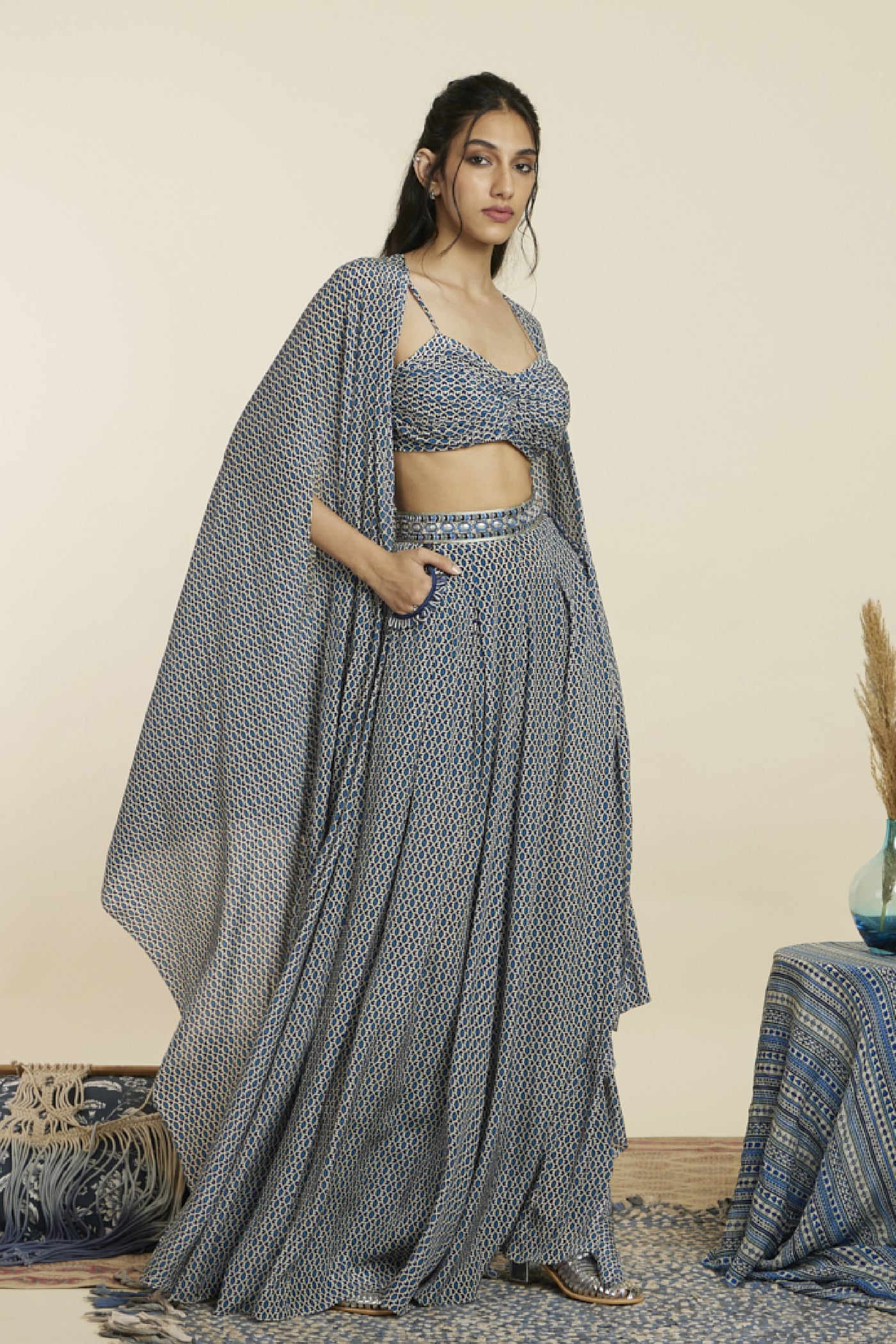 SVA Blue Geo Bikini Bustier Paired With Pleated Pants Indian designer wear online shopping melange singapore