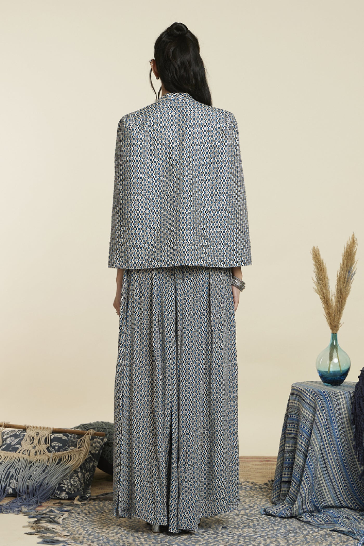 SVA  Blue geo print noor jacket set Indian designer wear online shopping melange singapore