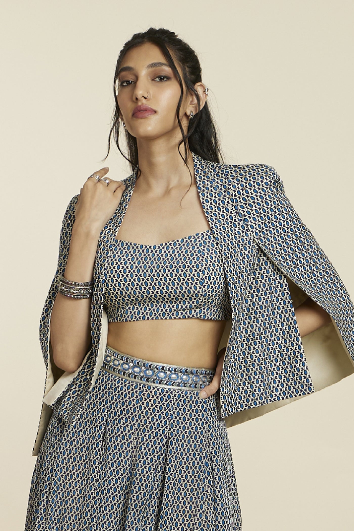 SVA  Blue geo print noor jacket set Indian designer wear online shopping melange singapore