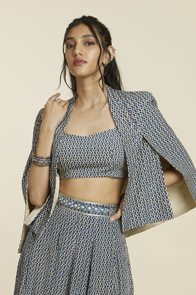 SVA  Blue geo print noor jacket set Indian designer wear online shopping melange singapore