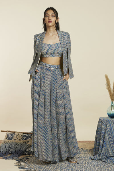 SVA  Blue geo print noor jacket set Indian designer wear online shopping melange singapore