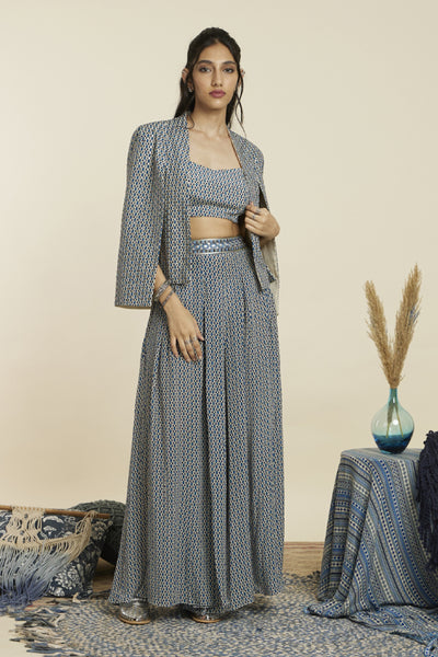 SVA  Blue geo print noor jacket set Indian designer wear online shopping melange singapore