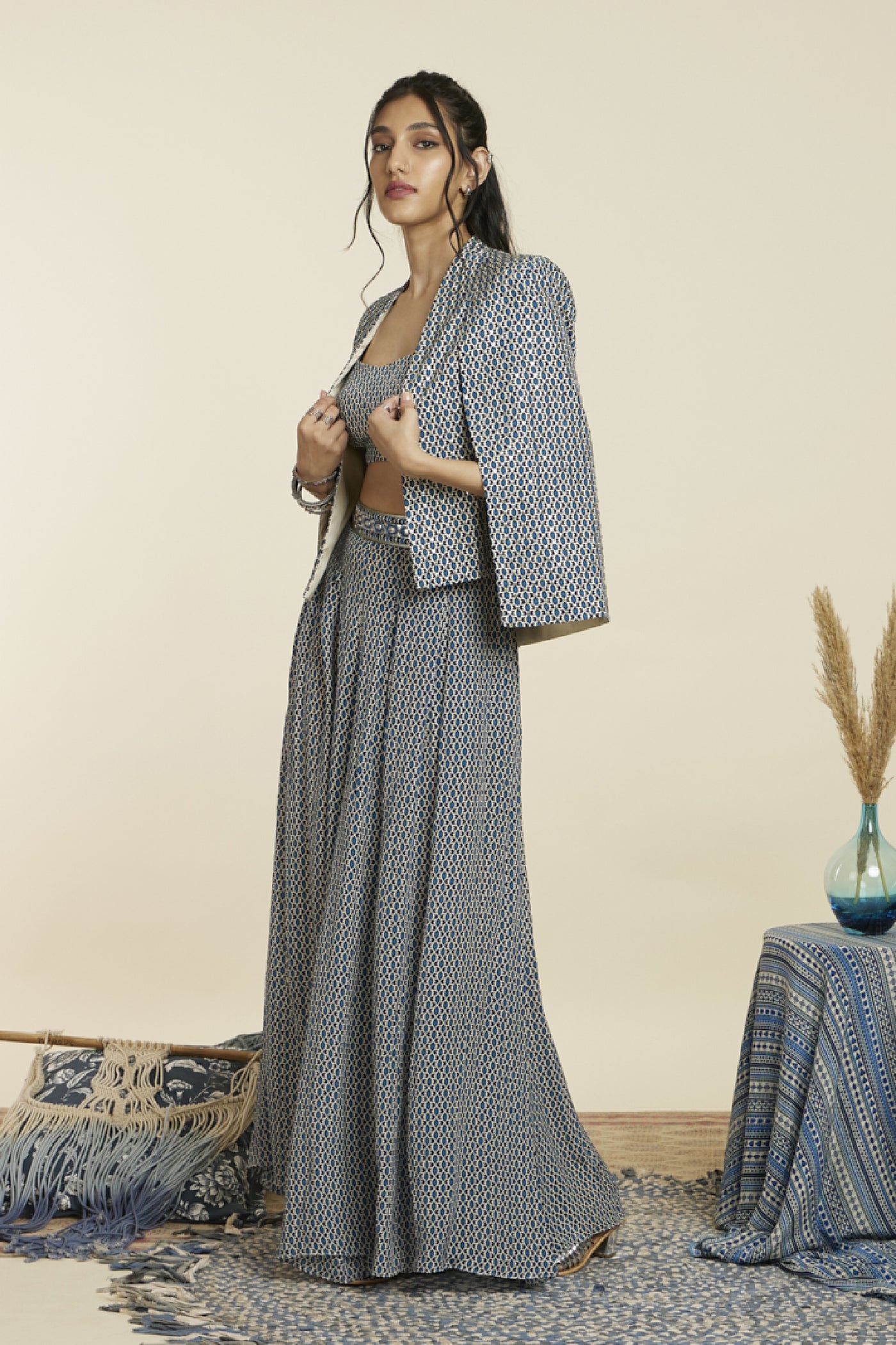 SVA  Blue geo print noor jacket set Indian designer wear online shopping melange singapore