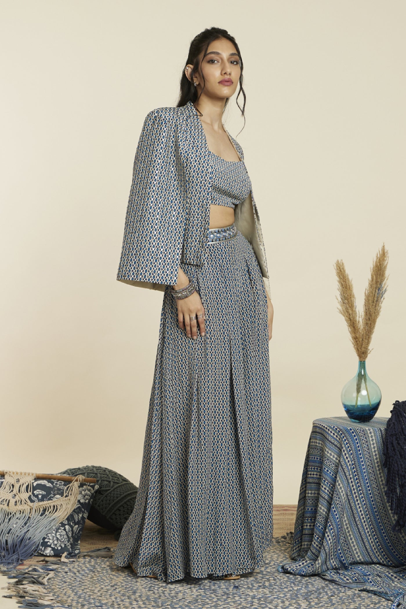 SVA  Blue geo print noor jacket set Indian designer wear online shopping melange singapore