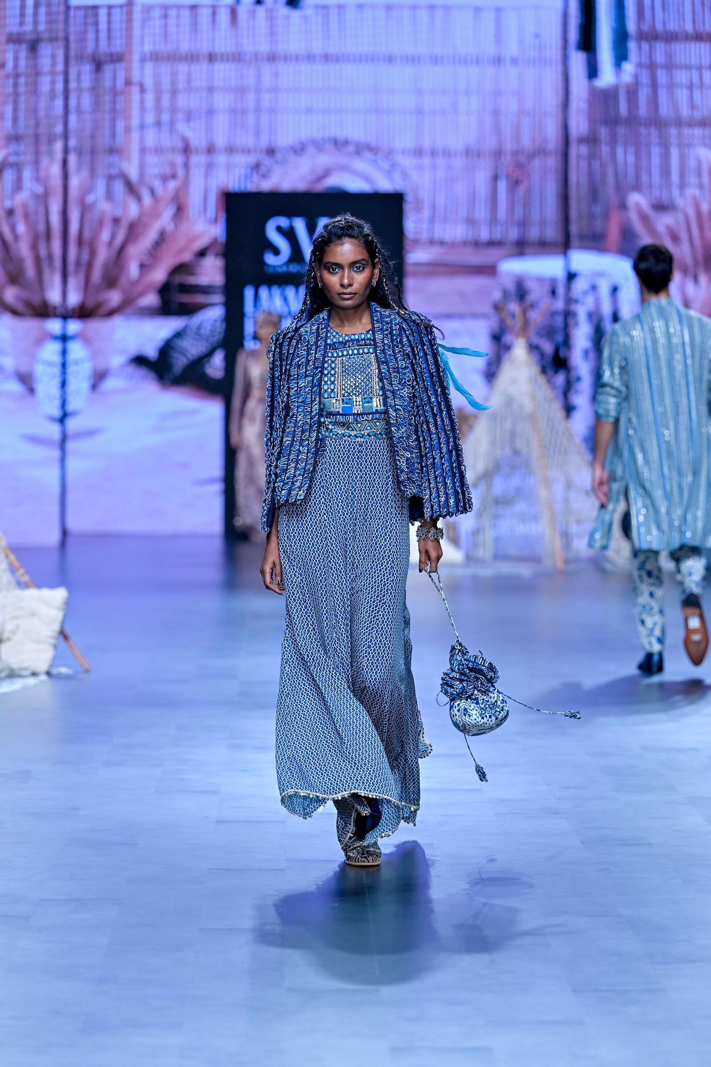 SVA Blue Geometric Print Yoke Style Jumpsuit Indian designer wear online shopping melange singapore