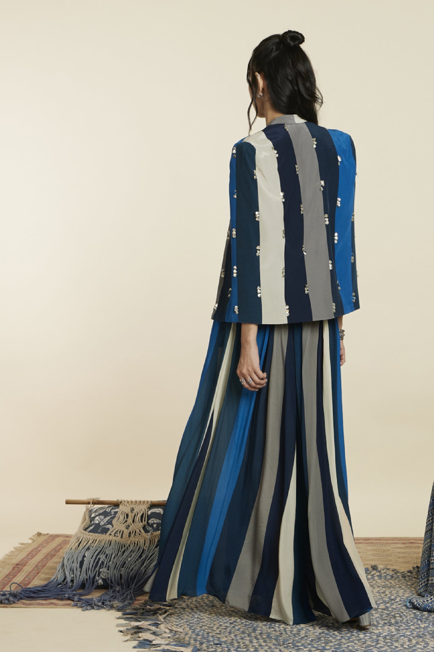 SVA  Blue stripe print noor jacket set Indian designer wear online shopping melange singapore