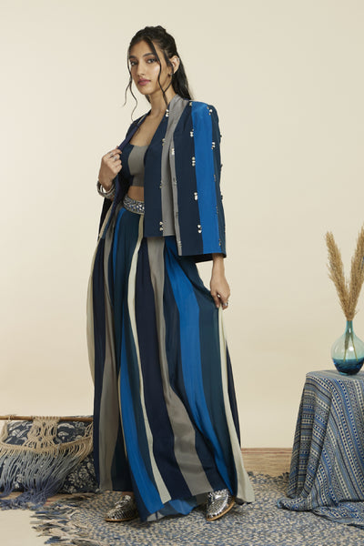 SVA  Blue stripe print noor jacket set Indian designer wear online shopping melange singapore