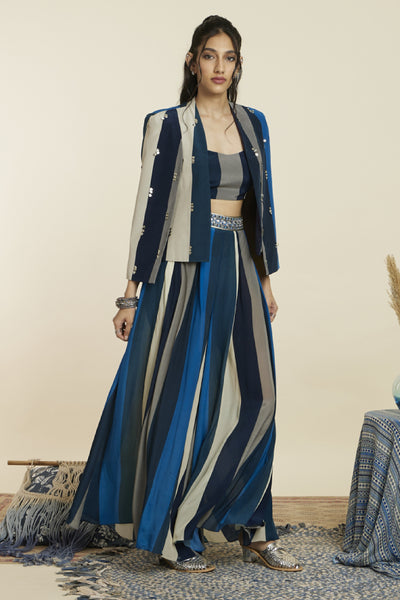 SVA  Blue stripe print noor jacket set Indian designer wear online shopping melange singapore