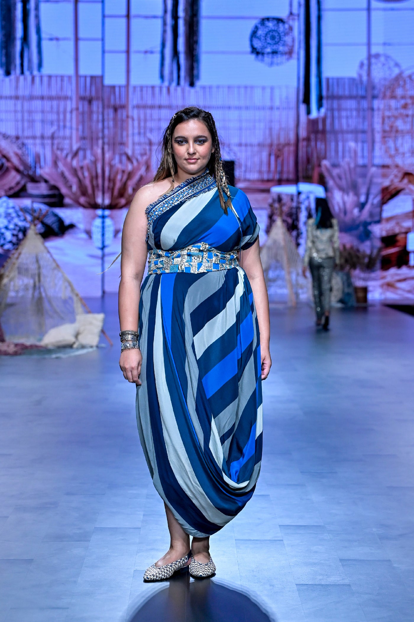 SVA Blue Stripe Print One Shoulder Cowl Dress Indian designer wear online shopping melange singapore