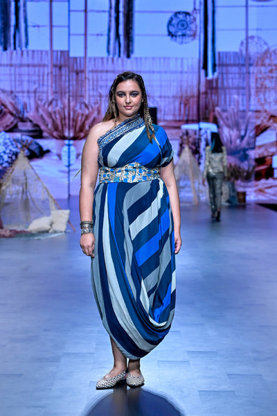 SVA Blue Stripe Print One Shoulder Cowl Dress Indian designer wear online shopping melange singapore