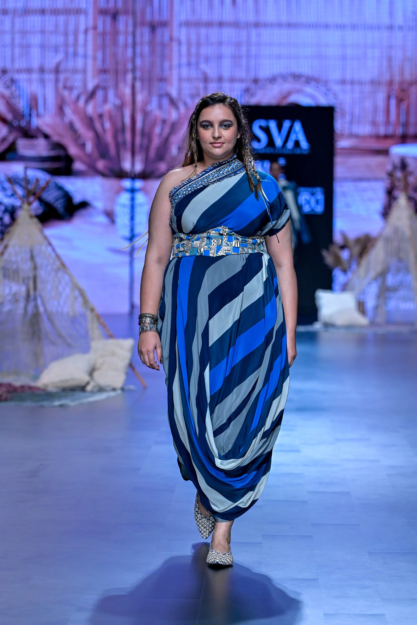 SVA Blue Stripe Print One Shoulder Cowl Dress Indian designer wear online shopping melange singapore