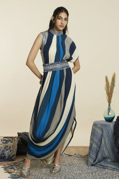 SVA Blue Stripe Drape Dress With Belt Indian designer wear online shopping melange singapore