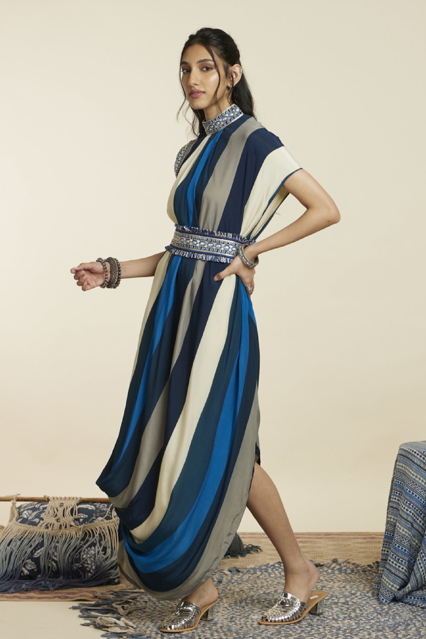 SVA Blue Stripe Drape Dress With Belt Indian designer wear online shopping melange singapore