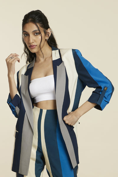 SVA Blue Stripe Print Blazer Set Indian designer wear online shopping melange singapore