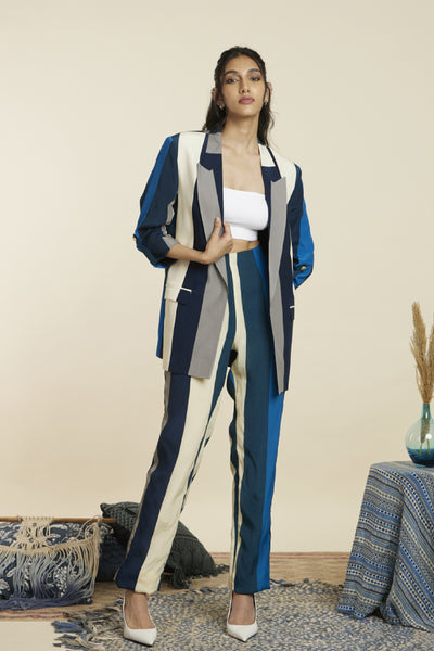 SVA Blue Stripe Print Blazer Set Indian designer wear online shopping melange singapore
