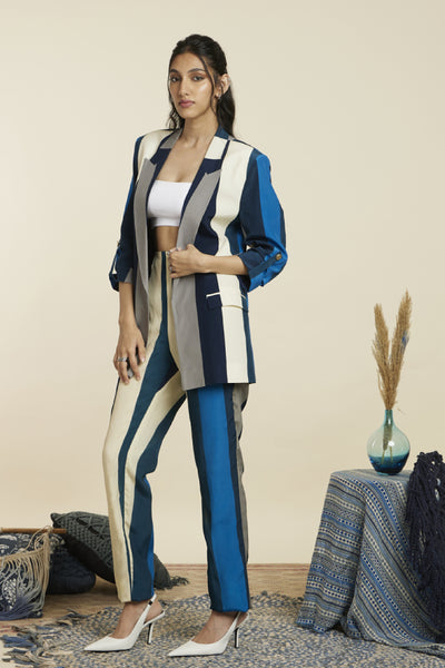 SVA Blue Stripe Print Blazer Set Indian designer wear online shopping melange singapore