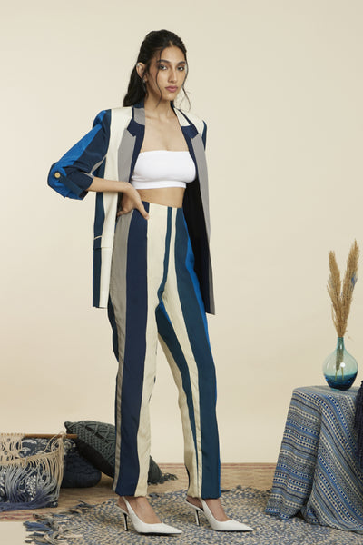 SVA Blue Stripe Print Blazer Set Indian designer wear online shopping melange singapore