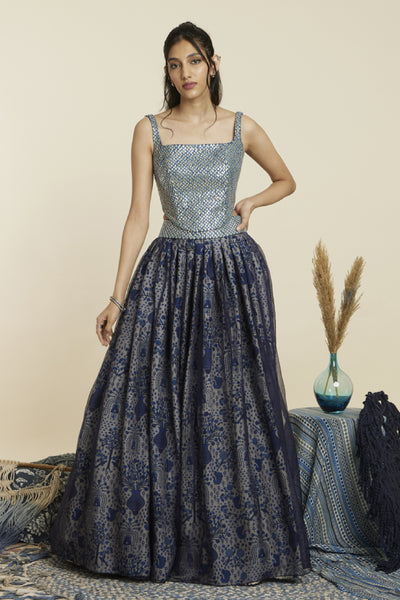 SVA Blue Textured Bustier Teamed With Skirt Indian designer wear online shopping melange singapore