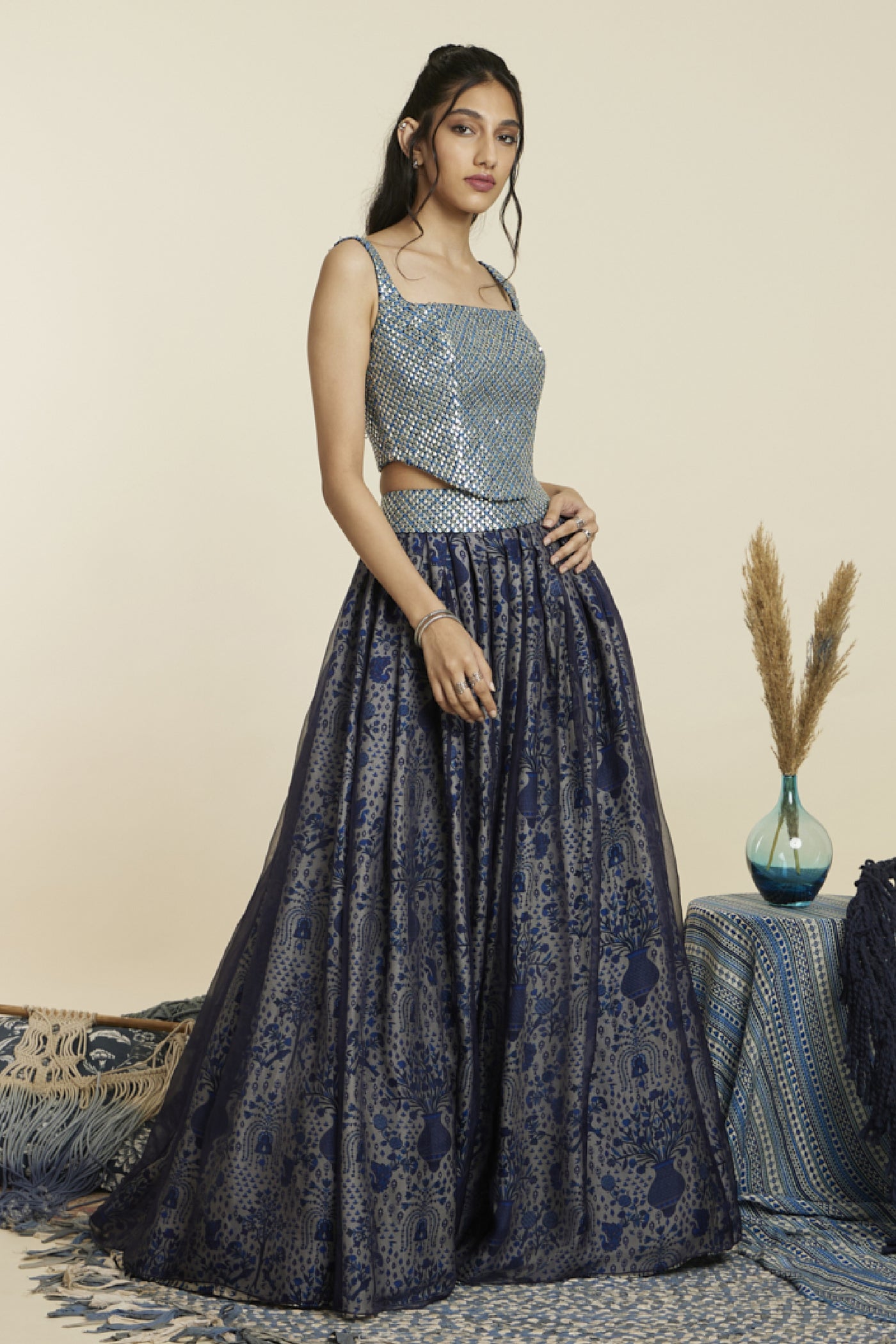 SVA Blue Textured Bustier Teamed With Skirt Indian designer wear online shopping melange singapore
