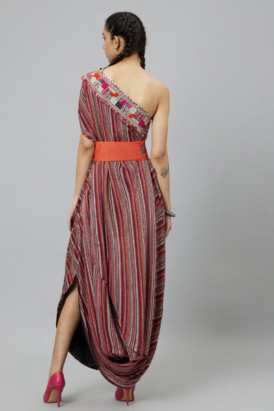 SVA Bohemian Stripe One Shoulder Cowl Dress With A Belt indian designer wear online shopping melange singapore