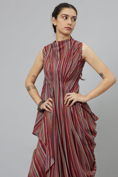 SVA Bohemian stripe print crop top with attached drape with pants indian designer wear online shopping melange singapore