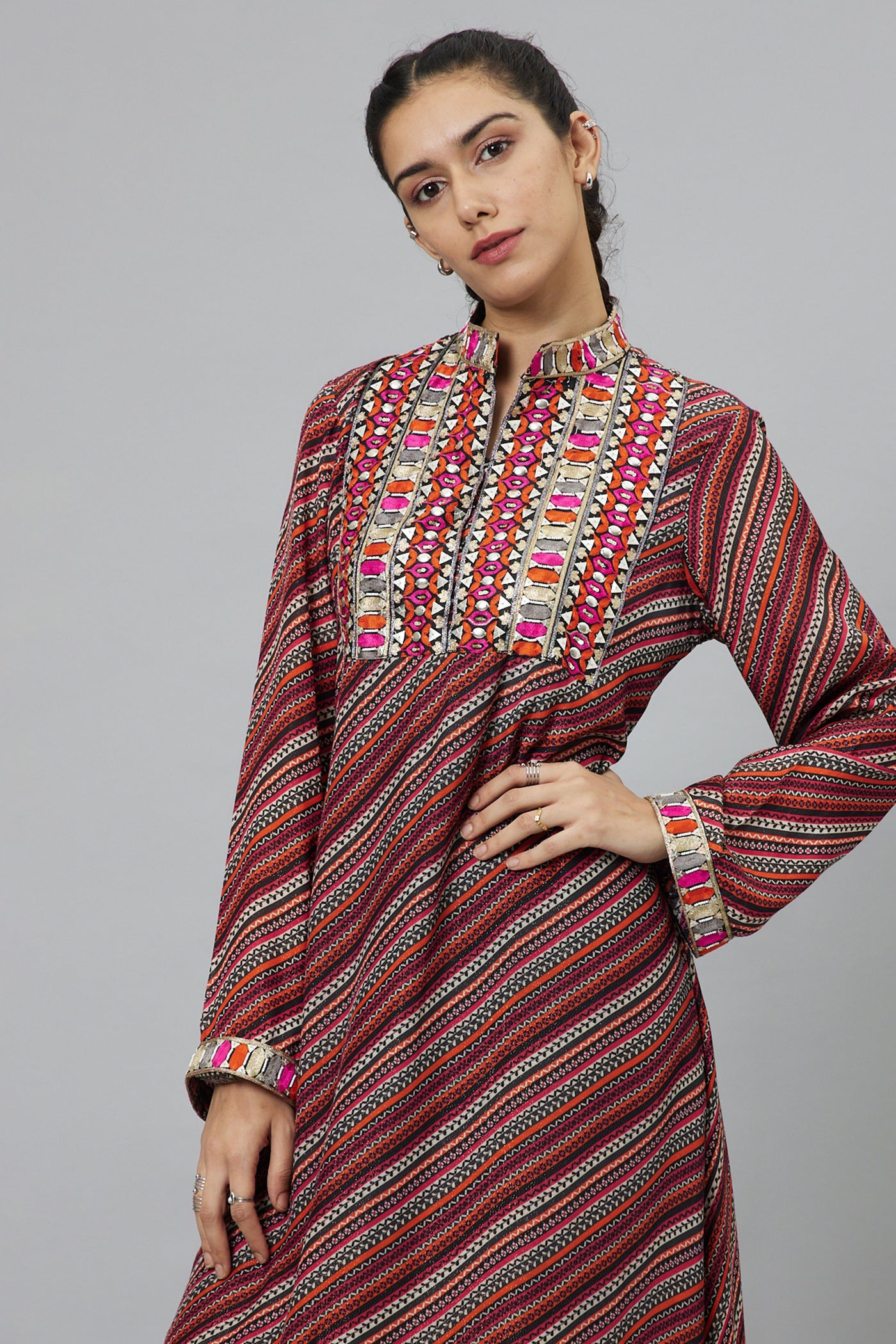 SVA Bohemian Stripe Print Kurta With Embroidered Yoke And Pants indian designer wear online shopping melange singapore