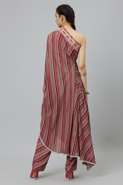 SVA Bohemian Stripe Print One Shoulder Saree With Pants indian designer wear online shopping melange singapore