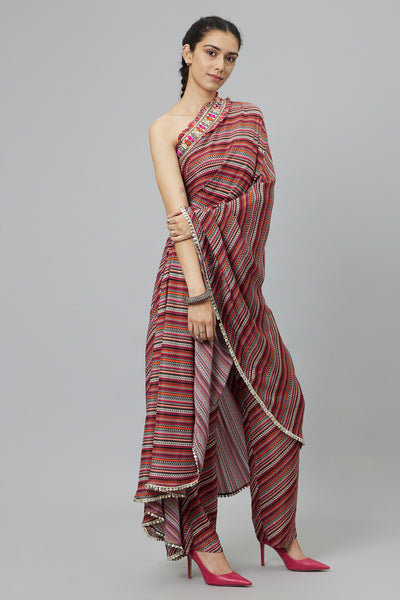 SVA Bohemian Stripe Print One Shoulder Saree With Pants indian designer wear online shopping melange singapore